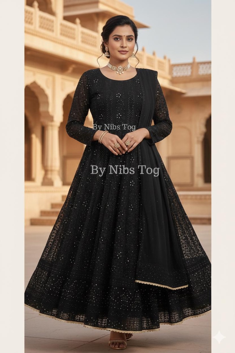 Customizable Handmade Chikankari Anarkali Suit for Women : Indian Wedding Dress Black