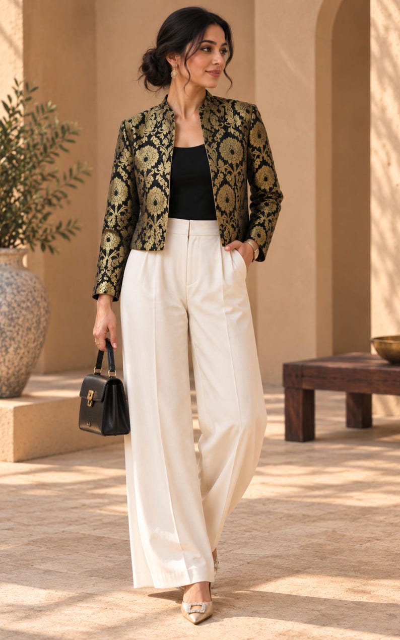 Black Banarasi Jacket for Women's Open Front Indian Jacket Brocade evening Blazer, Customizable