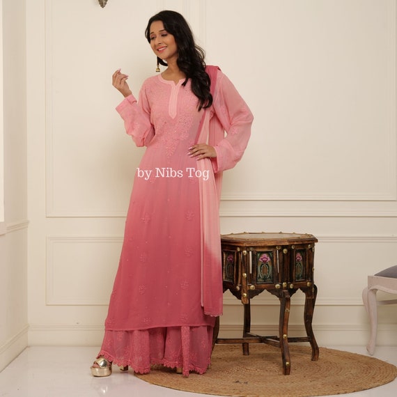 Lucknowi Chikankari Kurta Palazzo Set, Viscose Georgette, Indian Wedding Outfit