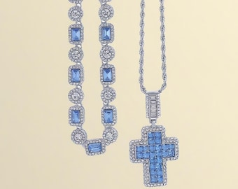 Collana a strati con croce CZ blu, set di collane con zirconi cubici, catena tennis, elegante regalo cristiano per mamma