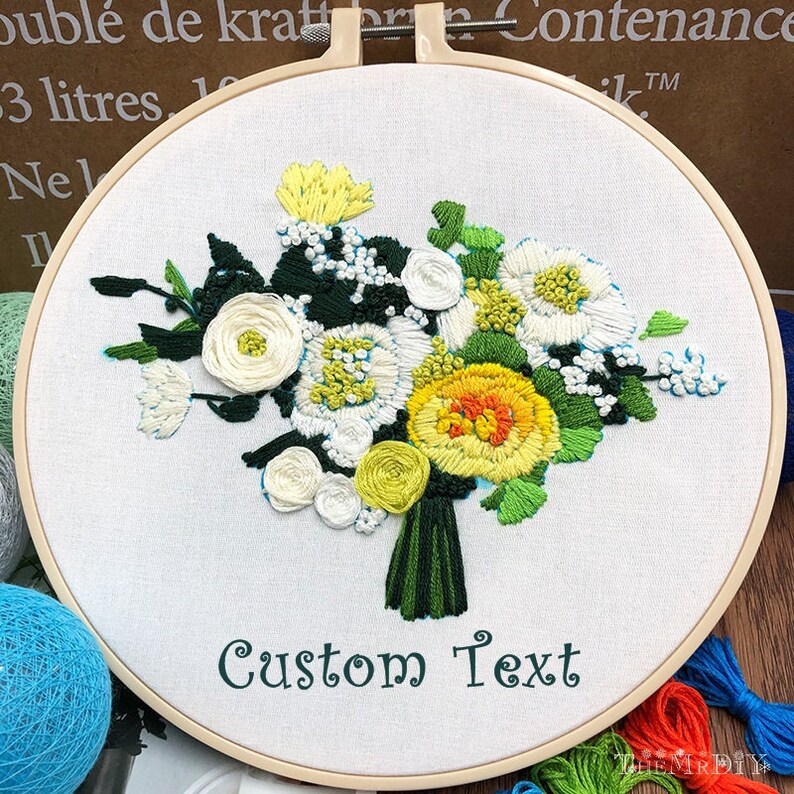 Custom Name/&Date Hand Embroidery Full Kit for Beginner \u2013 Beautiful Bouquet Embroidery Hoops \u2013 Needlepoint Hoop Wall Art Kit Custom Gift