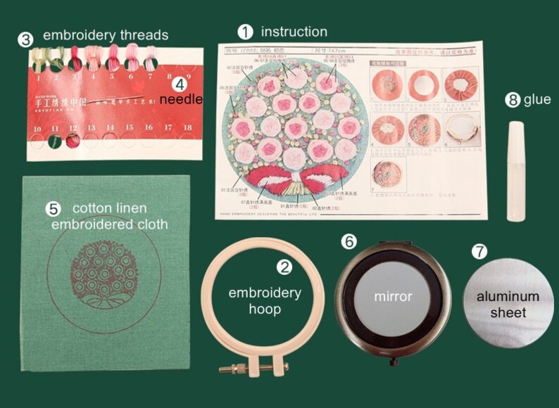Personalized Gift Idea DIY Beginner Embroidery Kit Mirror Modern Floral Hand Embroidery Full Kit Foldable Make-up Mirror Purse Mirror