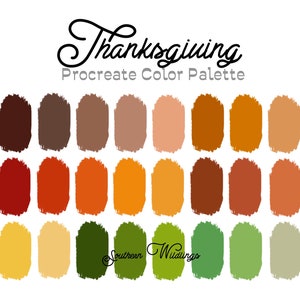 May include: A Thanksgiving colour palette for Procreate with 24 colour swatches in shades of brown, orange, yellow, green, and beige.