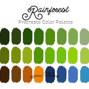 Puede incluir: Una paleta de colores de Procreate con el título "Rainforest" que presenta 24 muestras de colores en tonos de verde, marrón, azul y gris.