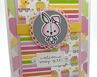 Handmade Welcome Baby Girl Card bunny hearts duck