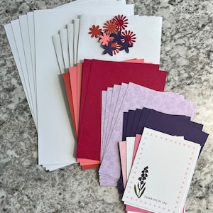 DIY Card Kit Handmade Cards 5 pinks and purples variety of sentiment cards thank you, hello, share joy, thinking of you etc.