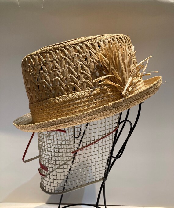 Vintage straw raffia hat men fedora 50’s beach