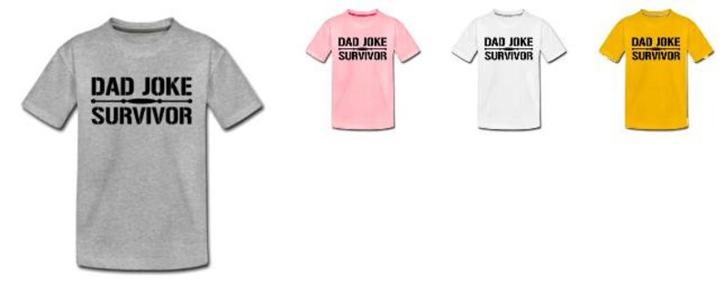 Pu&ograve; includere: Una collezione di magliette a maniche corte in vari colori: grigio, rosa, bianco e giallo. Ogni maglietta presenta la scritta nera "DAD JOKE SURVIVOR" centrata sul davanti. Le magliette sono esposte su sfondo bianco.