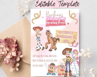 Pink cowgirl Birthday invite, Toy Story Birthday Invitation, Pink Toy Story Invite, Digital and Printable Jessie woody and bullseye