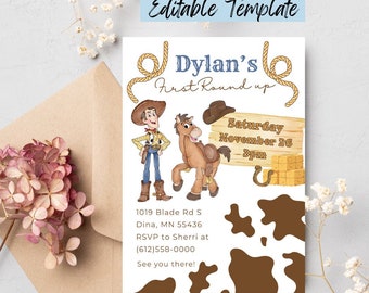 May include: A printable invitation for a child's first birthday party. The invitation features a cartoon image of Woody and Bullseye from the Toy Story film. The invitation is decorated with a brown and white cow print pattern and includes the text "Dylan's First Round Up" and "Saturday November 26 5pm".