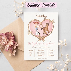 Pink cowgirl Birthday invite, Toy Story Birthday Invitation, Pink Toy Story Invite, Digital and Printable Jessie woody and bullseye