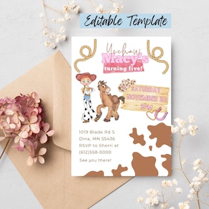 Pink cowgirl Birthday invite, Toy Story Birthday Invitation, Pink Toy Story Invite, Digital and Printable Jessie woody and bullseye