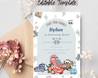 Editable Cars Birthday Invitation , Digital and Printable Lightning McQueen Birthday Party Invitation, Watercolor invite