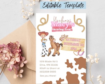 Convite de aniversário de vaqueira rosa, convite de aniversário de Toy Story, convite de Toy Story rosa, digital e para impressão Jessie woody e bullseye