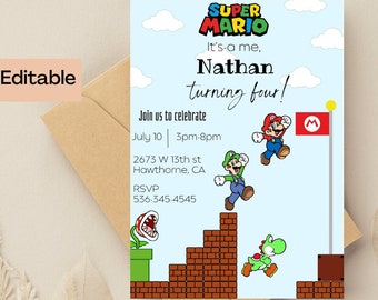 Op de afbeelding: Een blauwe en witte uitnodiging met een Super Mario-thema. Het is mij, Nathan, die vier jaar wordt! Doe mee met het feest op 10 juli van 15:00 tot 20:00 uur, 2673 W 13th st Hawthorne, CA. RSVP 536-345-4545.