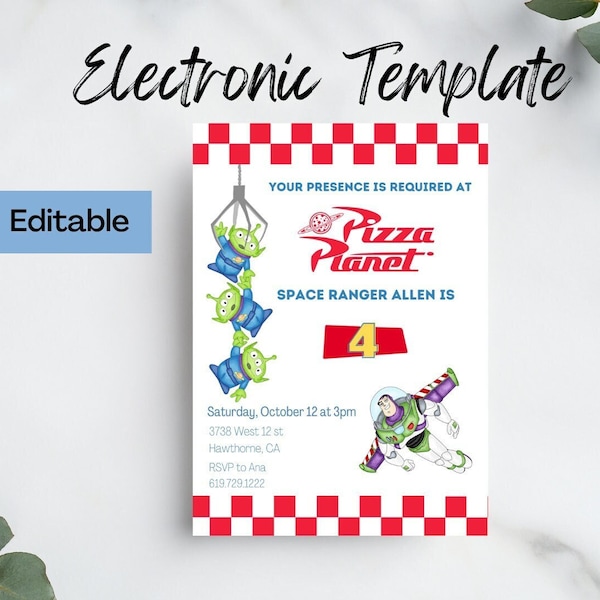 Editable Buzz Lightyear Pizza Planet Birthday Invitation, Digital and Printable Invite, Toy Story Pizza Planet