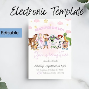 Toy Story Birthday Invitation for girls, Pink Toy Story Invite, Digital and Printable watercolor