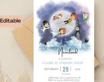 May include: Editable invitation template for a child's birthday party with a Peter Pan theme. The invitation features a watercolor illustration of Peter Pan, Tinkerbell, and other characters from the story flying through the air. The text on the invitation reads "Fly Away to Neverland to celebrate Claire is turning four! Saturday 29 July 3 o'clock 1829 west 12 st Hawthorne, CA RSVP to Lily at (302)123-1212".