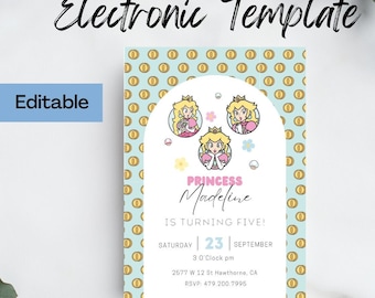 Princess Peach Birthday Invitation, Digital and Printable Super Mario Invite for girls, Princess Peach Editable Invitation