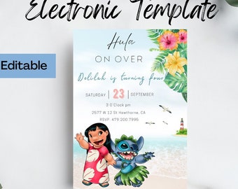 May include: A blue and pink invitation with a watercolor background featuring tropical flowers and palm leaves. The text reads "Hula On Over Delilah is turning four Saturday 23 September 3 O'Clock pm 2577 W 12 St Hawthorne, CA RSVP: 479.200.7996". The invitation features cartoon characters Lilo and Stitch.