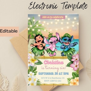 Invito di compleanno Lilo, Stitch e Angel, invito digitale e stampabile, acquerello