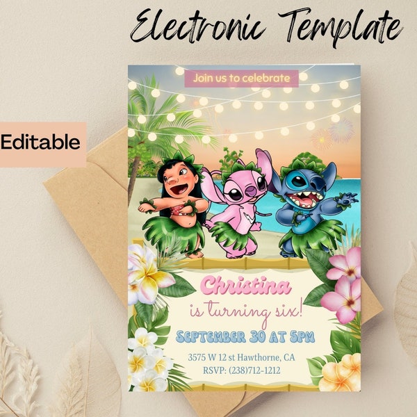 Lilo, Stitch, and Angel Birthday Invitation, Digital and Printable Invite, Watercolor