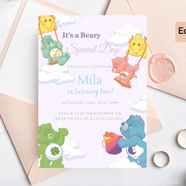 CareBear Birthday Invitation, Printable and Digital Care Bears Invite, Watercolor Pastel Colors