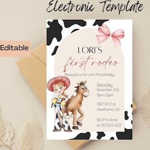 Toy Story Birthday Invitation, Jessie and Bullseye Digital and Printable Invitation, First Rodeo, Cowprint, Cowgirl Invite