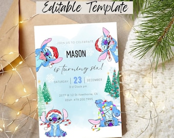 May include: A blue and white invitation card with a cartoon character holding a candy cane. The card says "Join us to celebrate Mason is turning six! Saturday 23 December 3 o'clock pm 2577 W 12 St Hawthorne, CA RSVP: 479.200.7995"