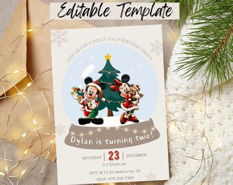 Editable Mickey and Minnie Christmas Birthday Invitation, Digital and Printable Mickey and Minnie Disney Winter Invite
