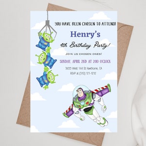 Invitation d'anniversaire Toy Story moderne modifiable, numérique et imprimable, Buzz Lightyear et Aliens pour la fête des enfants garçons et filles