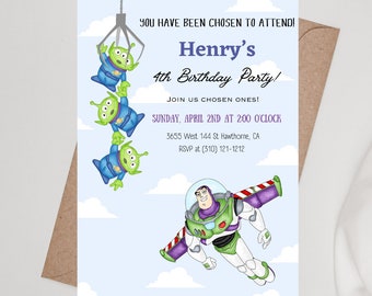 Editable Modern Toy Story Birthday Invitation, Digital and Printable, Buzz Lightyear and Aliens for boys and girls kids party
