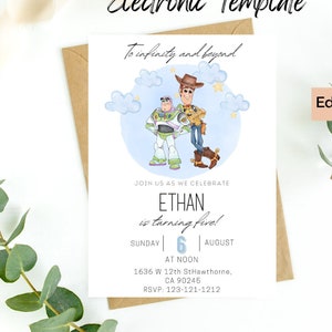 Peut inclure: Une invitation d'anniversaire bleue et blanche avec une image de dessin animé de Woody et Buzz l'Éclair de Toy Story. L'invitation indique "To infinity and beyond" et "Ethan a cinq ans !" avec une date et une heure pour la fête.
