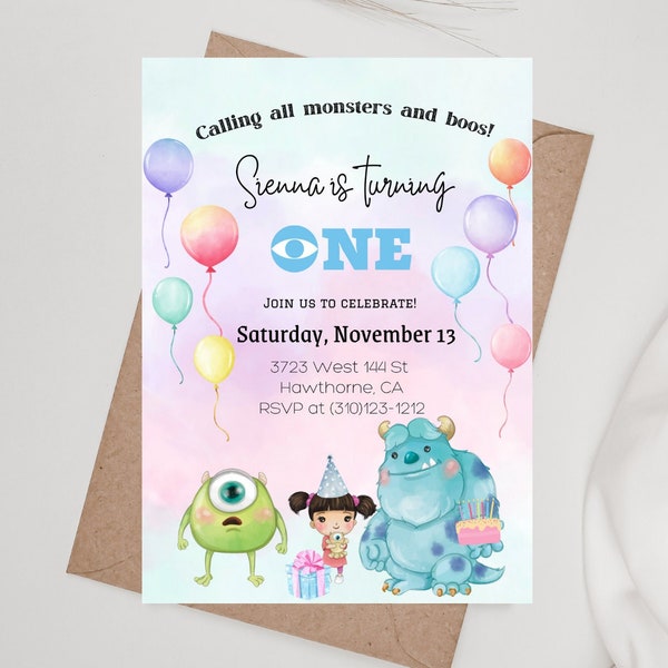 Приглашение на первый день рождения Monsters Inc, приглашение на первый день рождения в цифровом и печатном виде, акварель