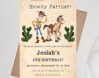 Invitación de cumpleaños de Woody y Bullseye, invitación digital e imprimible de Toy Story, fiesta de vaqueros