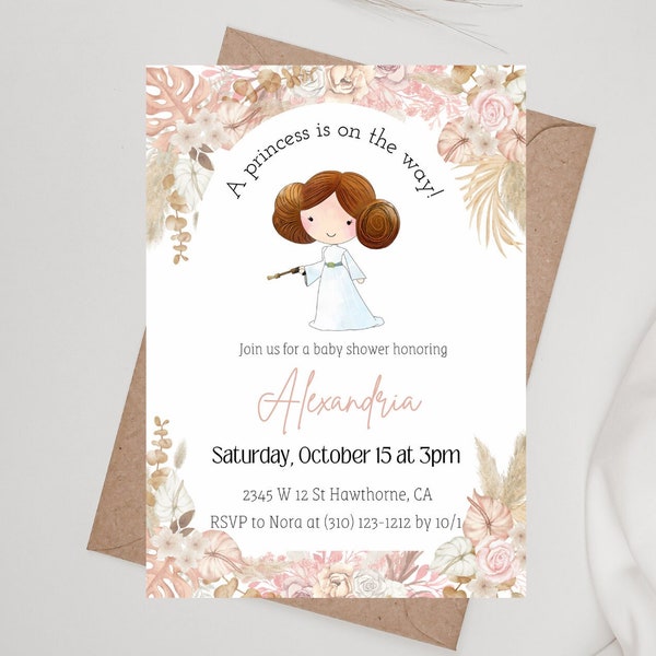 Star Wars Baby Shower Invitation, Princess Leia Digital and Printable Invite, Watercolor Boho Invite