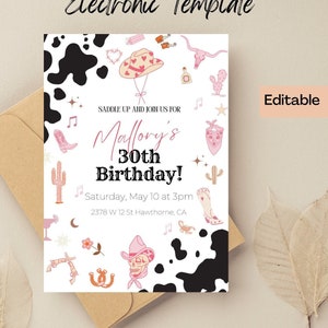 Retro Cowgirl Birthday Invitation, Pink Western Invite, Digital and Printable 30th Birthday Invite, Bachelorette Party Invitation, Editable