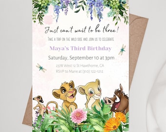 May include: An invitation template with the text "Electronic Template" and "Editable". The invitation features cartoon characters from The Lion King, with the text "Just can't wait to be three!" and details for Maya's Third Birthday.