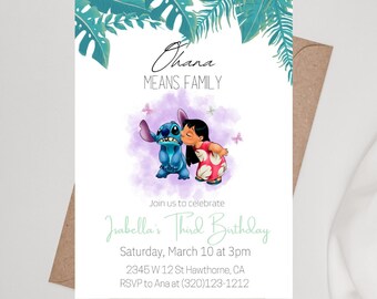 Lilo und Stitch Geburtstagseinladung, digitale und druckbare Einladung, Aquarell