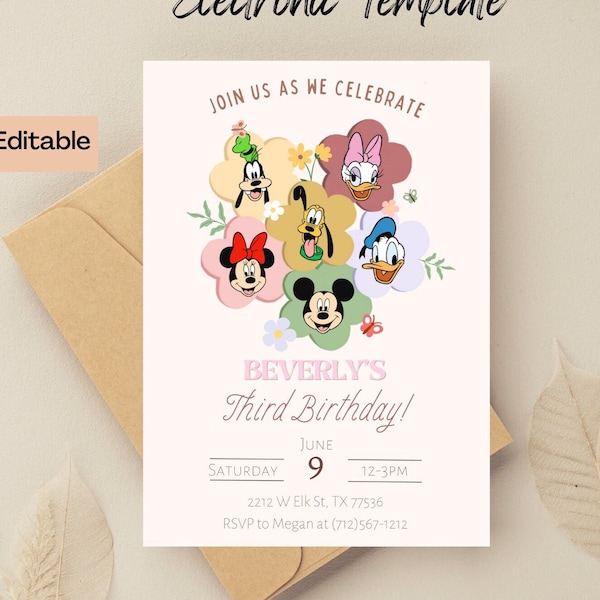Invito di compleanno retrò di Minnie e i suoi amici, invito digitale e stampabile di Topolino e Minnie