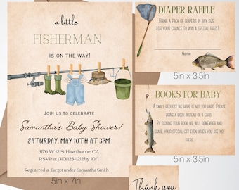 Fishing Baby Shower Invitation Bundle, Digital and Printable Invite, A little fisherman is on the way Invite