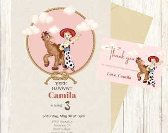 Girl Toy Story Birthday Invitation and Thank You Card. Jessie and Bullseye Digital and Printable Invitation Neutral Color, Cowgirl Invite