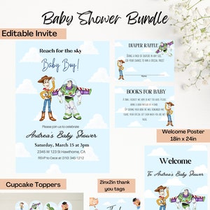 Baby Boy Toy Story Baby Shower Bundle, Digital und druckbar Woody und Buzz Invite, Danke Tags, Willkommensplakat, Cupcake Topper