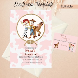 Girls Toy Story Birthday Invitation & Thank You Card, Cowprint Jessie Woody Bullseye Invitation Digital and Printable Round up Invitation