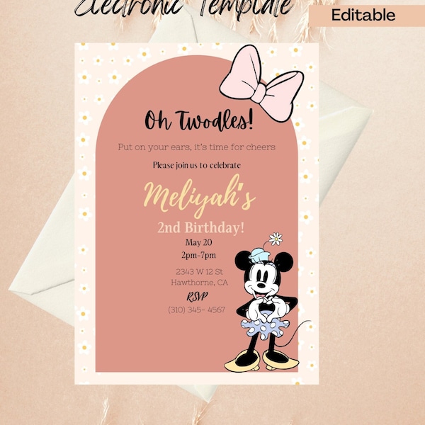 Classic Minnie Mouse Birthday Invitation Twoodles Birthday Invite Digital and Printable