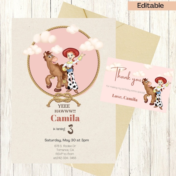 Girl Toy Story Birthday Invitation and Thank You Card. Jessie and Bullseye Digital and Printable Invitation Neutral Color, Cowgirl Invite