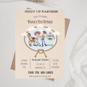 Toy Story Einladung, Woody und Jessie laden ein, digital und druckbar