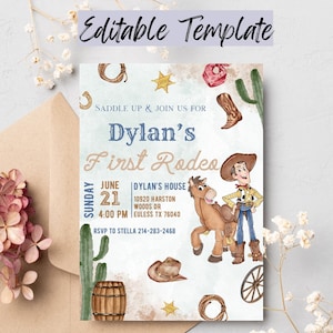 Invito di compleanno di Toy Story da cowboy, invito digitale e stampabile di Woody e Bullseye