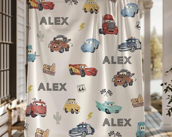 Route 66 Disney Cars Velveteen Plush Blanket - Personalized Lightning McQueen Tow Mater Friends, Custom Name Gift, Cozy Bedding, Kids Room