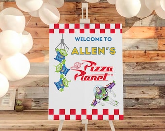 Pizza Planet Toy Story Welcome Sign, Buzz and Aliens Digital Welcome Poster